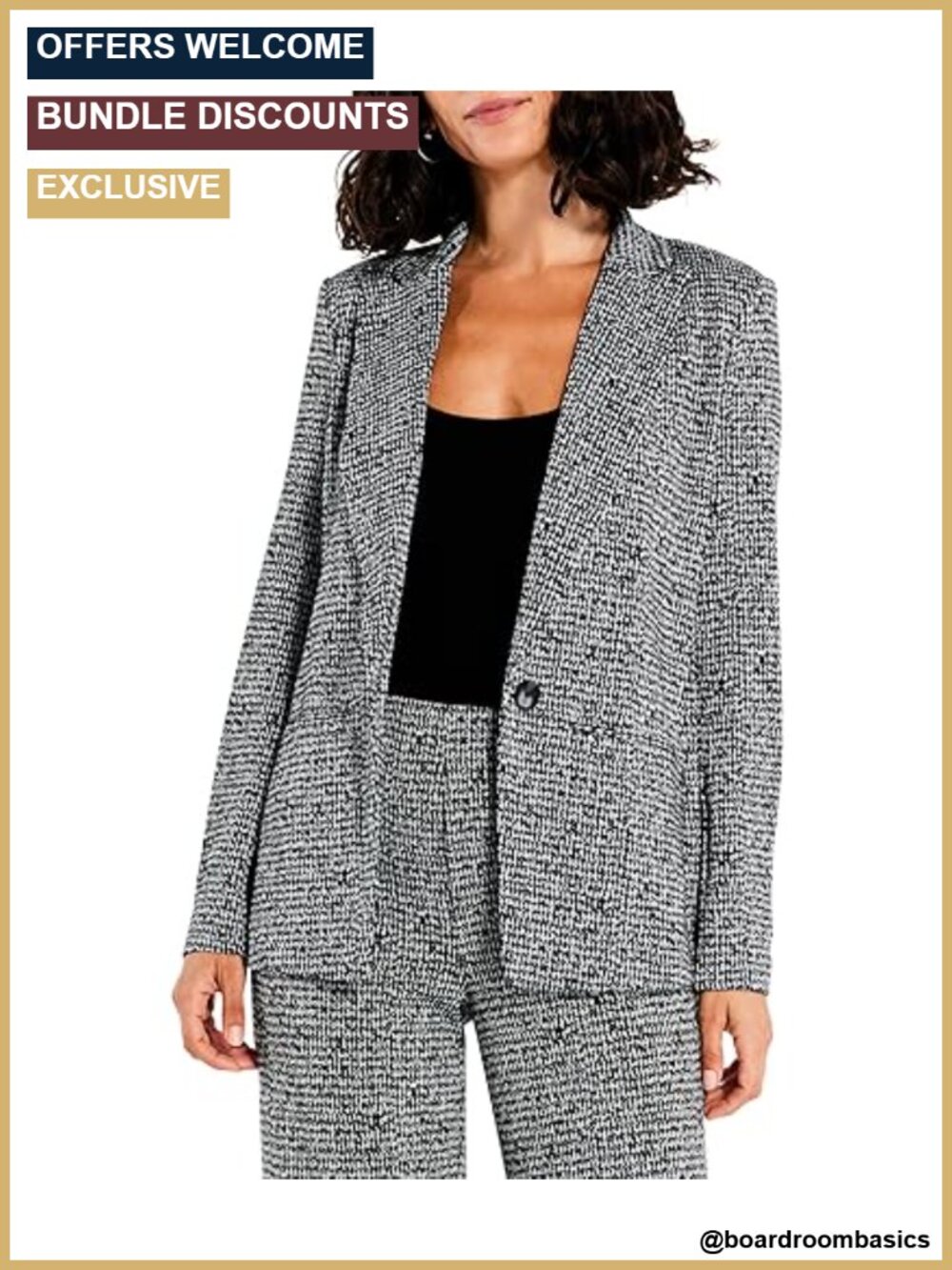 Tweed Button Front Knit Blazer Peak Lapel Long Sleeve Petite